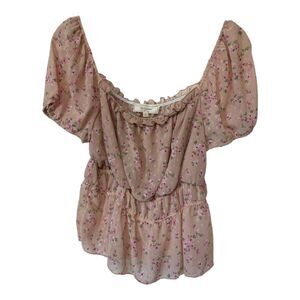 No Comment Pink Floral Off-the-Shoulder Sheer Ruched Blouse XL